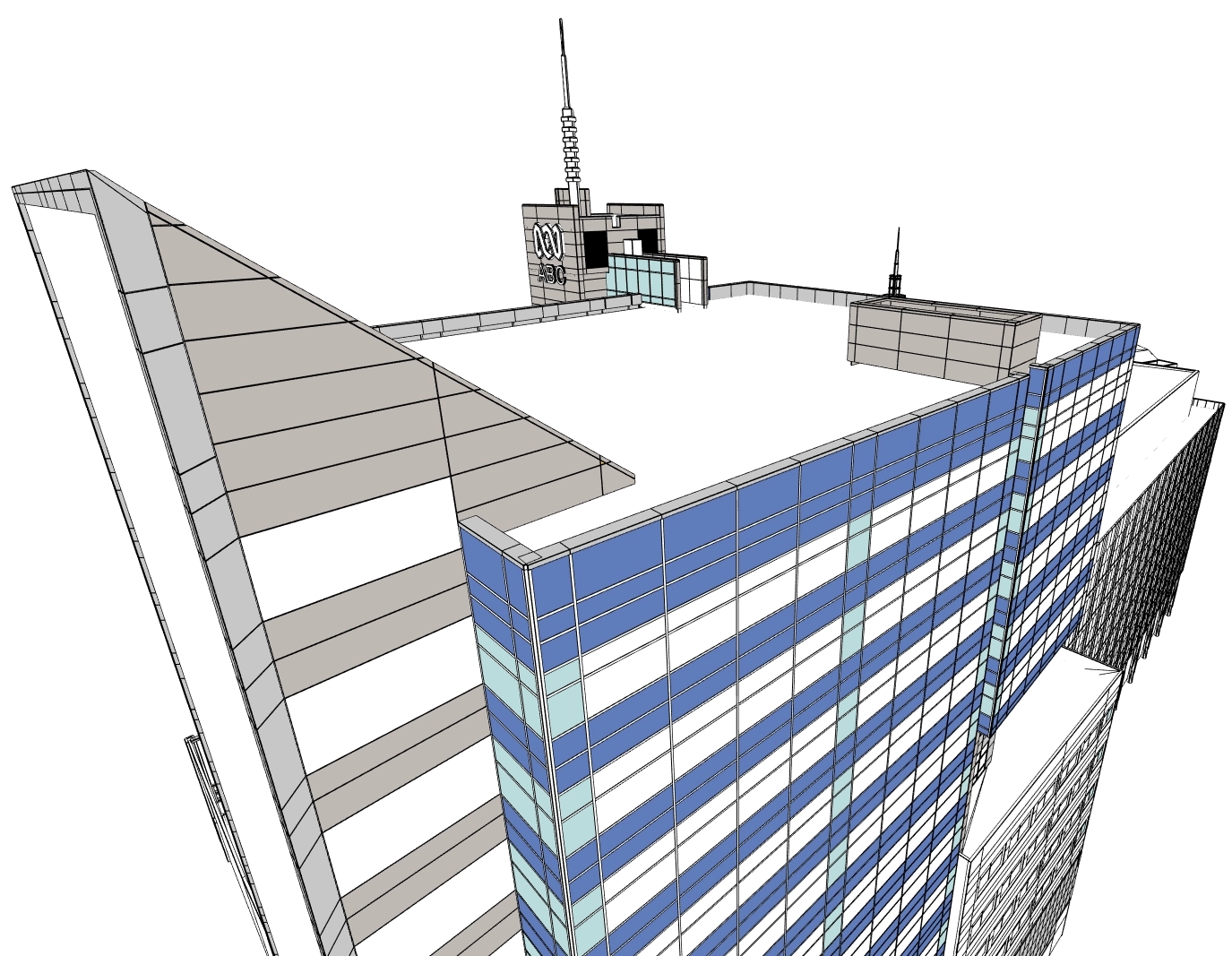 screenshot of the top of a building with coloured panels