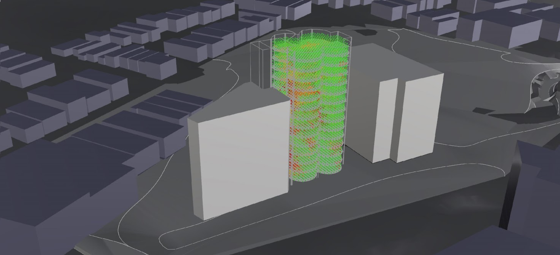 A 3D massing model of the building in its city context, with the simulated daylight volume rising through it