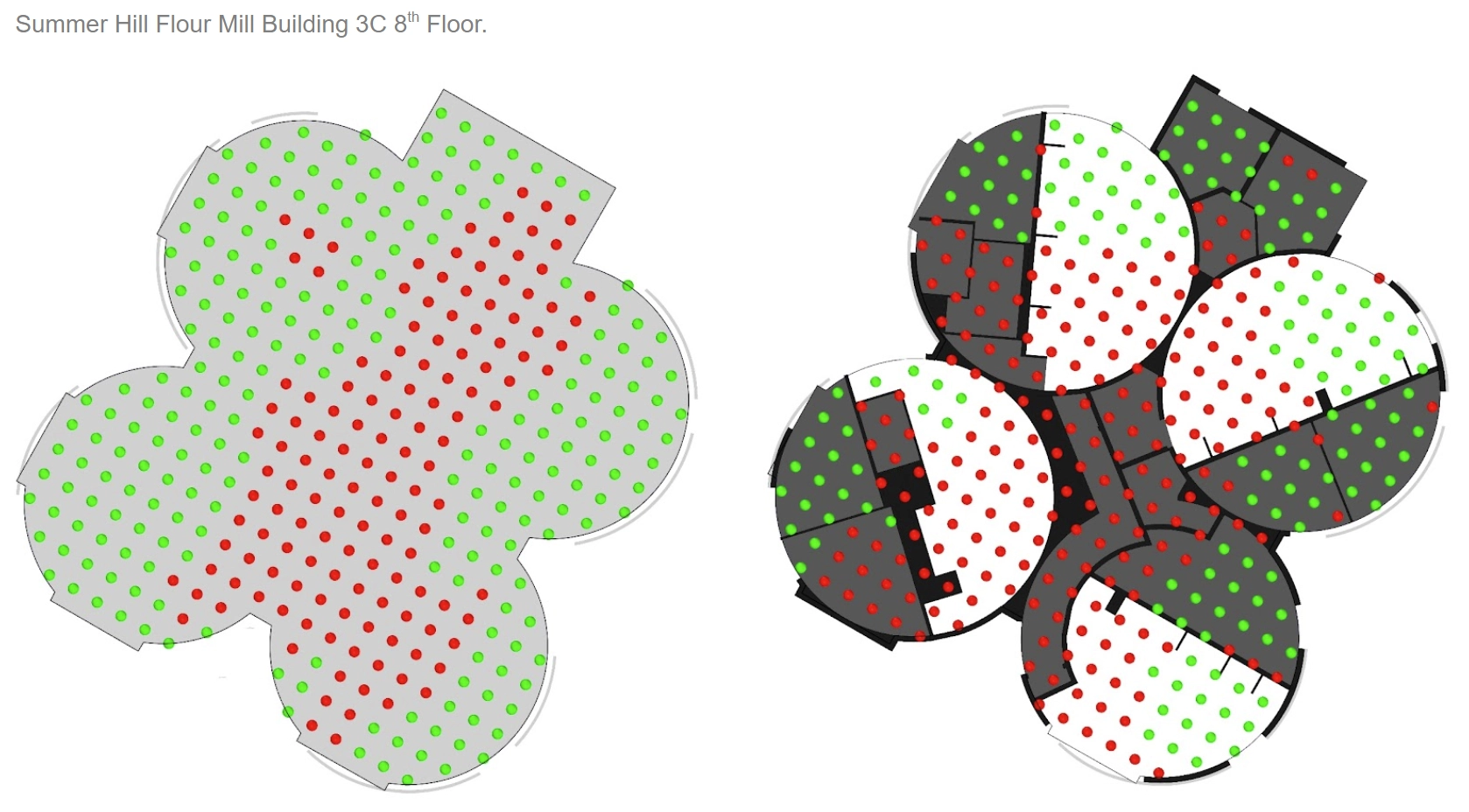 Floor plan of Summer Hill Flour Mill Building 3C 8th Floor, in early design. left is a rendered simulation without walls while the right displays the rooms with the white areas as Green Star 'liveable' zones.