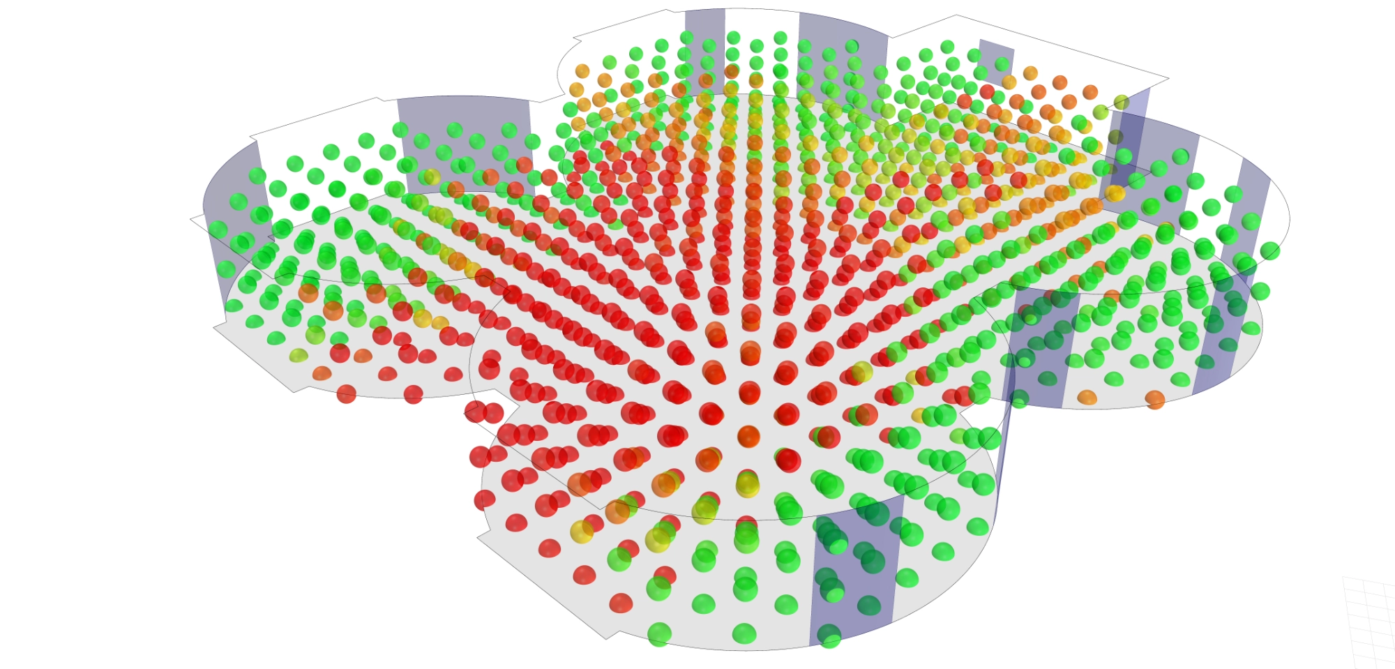 A rendered simulation of the floor's Lux measurements in comparison to the Green Star daylight requirements. Displayed in a voxel grid, colourised as a gradient from red to green (fail to pass respectively)