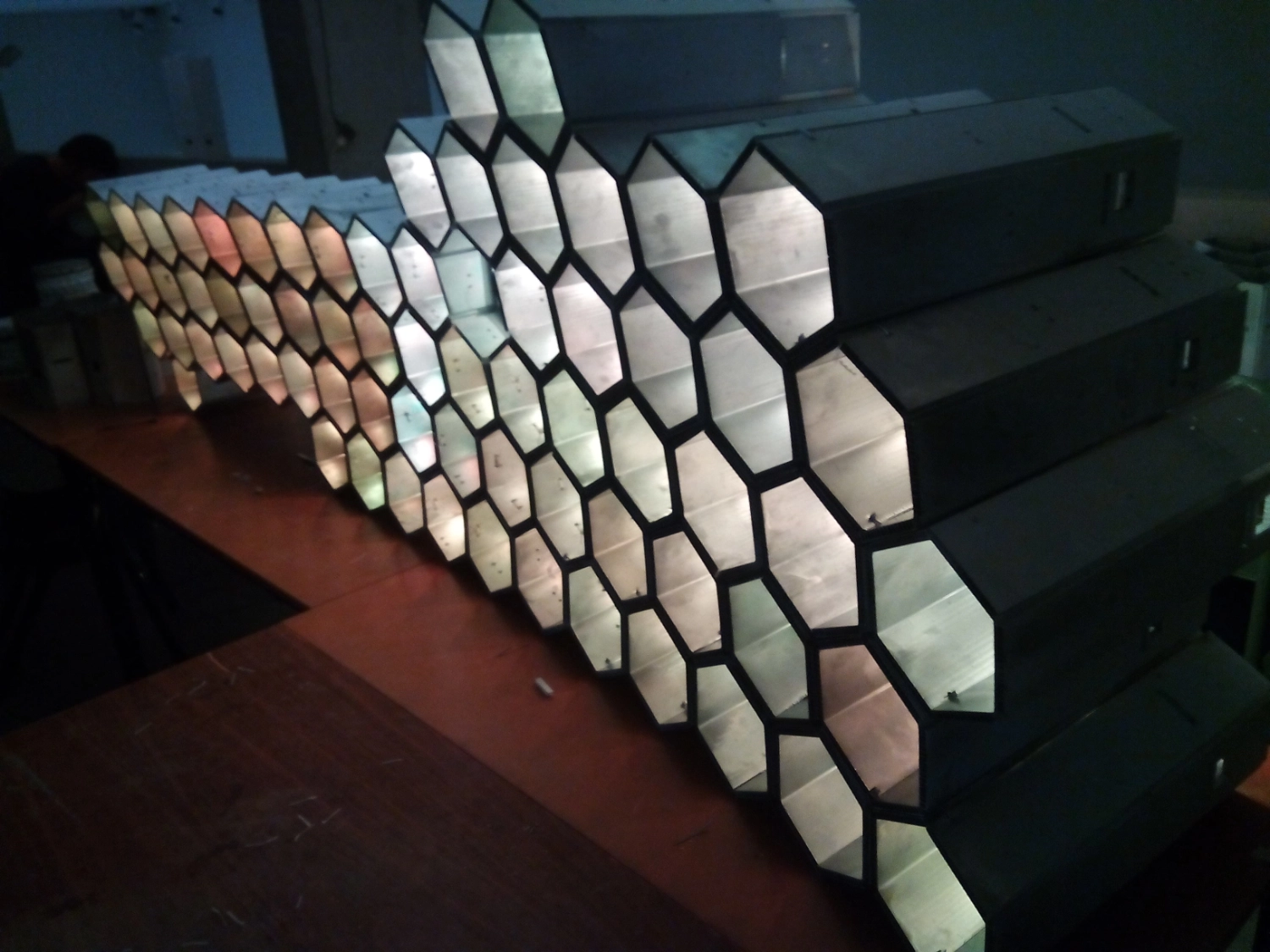 A part of the HEXTIC structure in production, testing lighting.