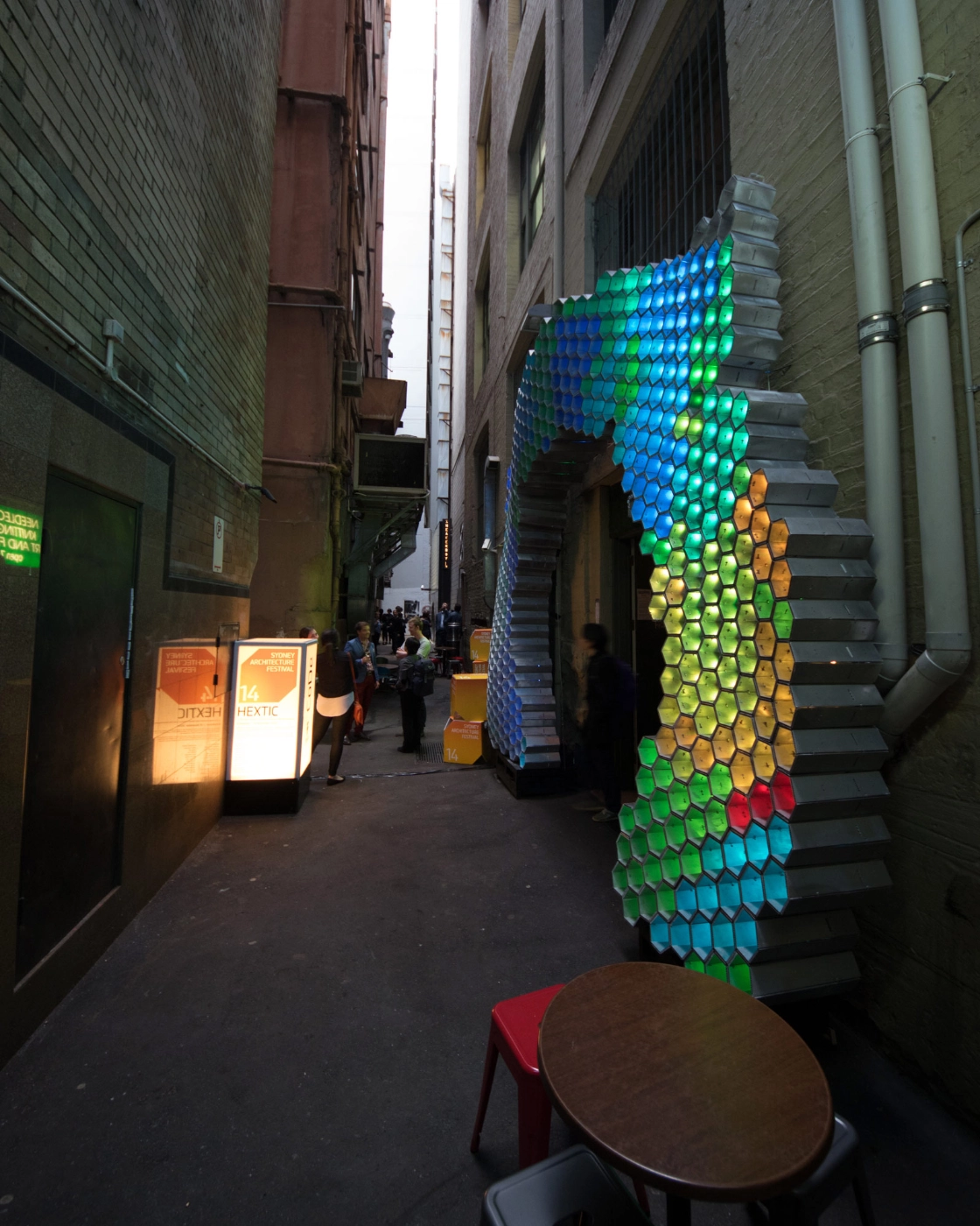 Photograph facing south of the HEXTIC installed at the door of the Grasshopper Bar in the afternoon for the Sydney Architecture Festival 2014