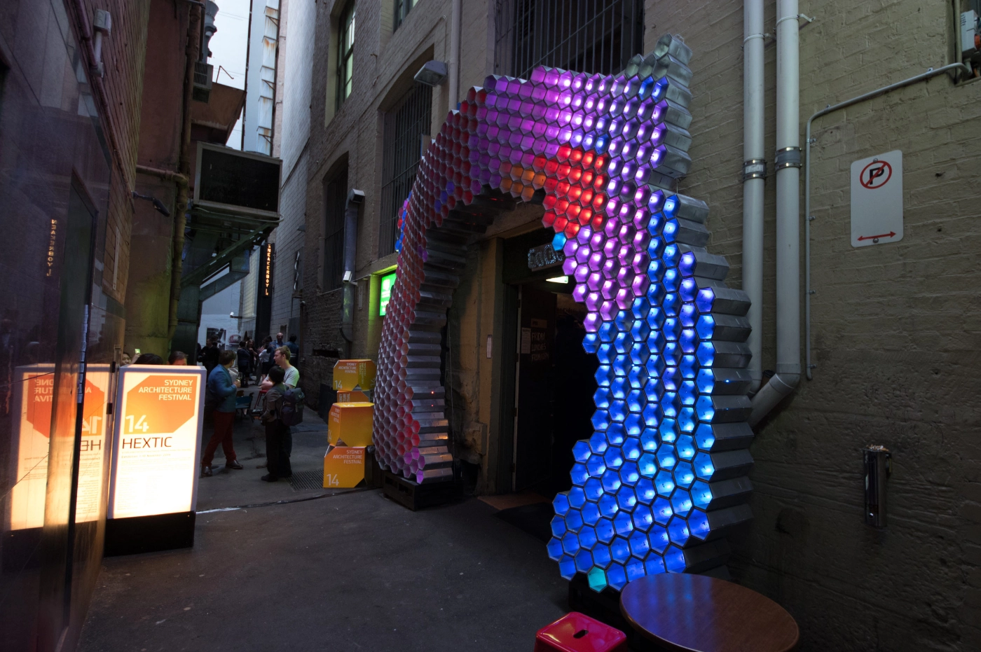 Photograph facing south of the HEXTIC installed at the door of the Grasshopper Bar in the late afternoon for the Sydney Architecture Festival 2014