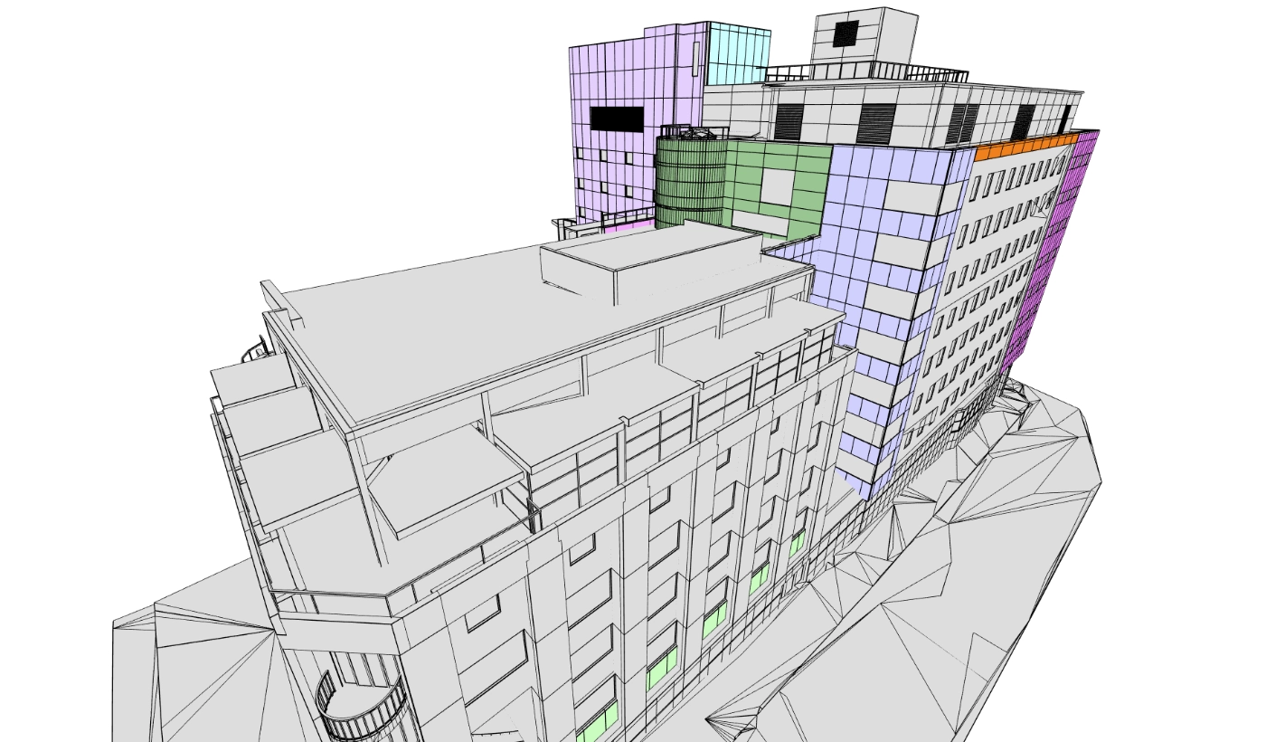 screenshot of a building with coloured panels representing the zones and areas