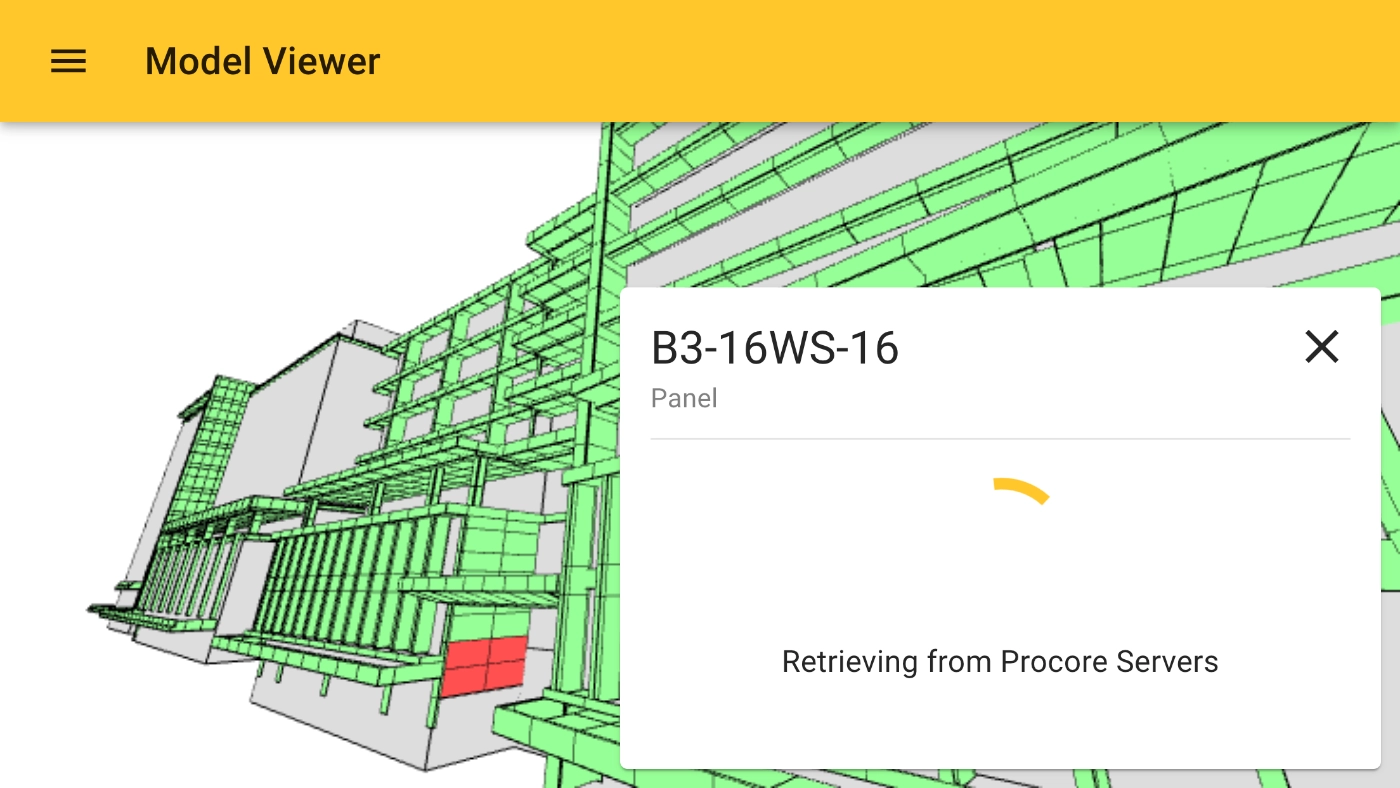 screenshot of the model viewer selecting a panel, in the bottom left is a modal with the sign 'Retrieving from Procore Servers'