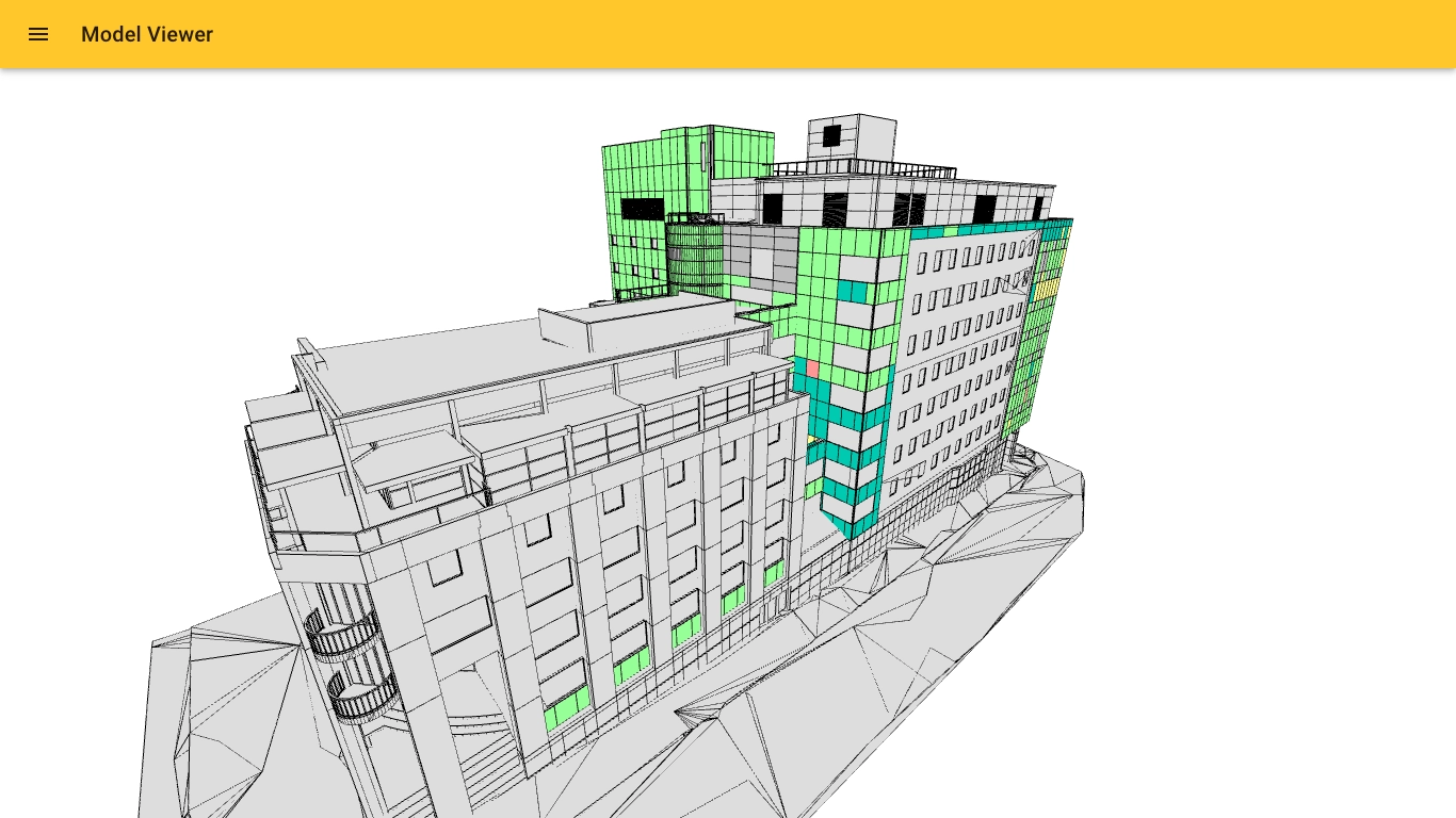 screenshot of a building with coloured panels (green, red, yellow and gray).